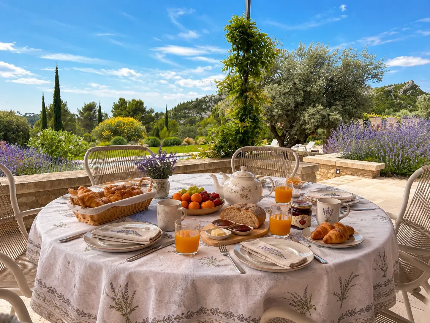 Le petit-déjeuner dressé en terrasse, face aux Alpilles