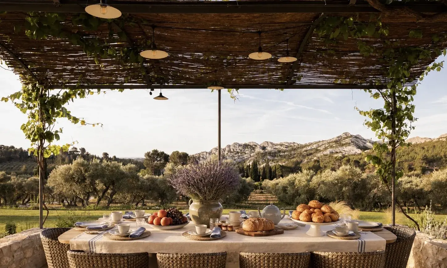 Le petit-déjeuner dressé sous la treille de Terres Rouges : pains, viennoiseries, fruits et lavande, face aux Alpilles